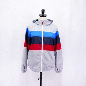 London Fog -Large- Gray Blue Red Colorblock Windbreaker Mesh Lined Hooded Jacket